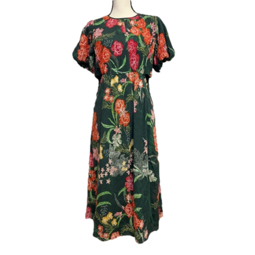 Walter Baker Wanita Rain Forest Floral Puff Sleeve Midi Dress M NWT